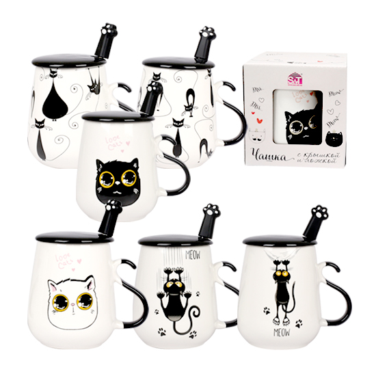 20628 Чашка порцелянова 440 мл з ложкою та кришкою Кішки