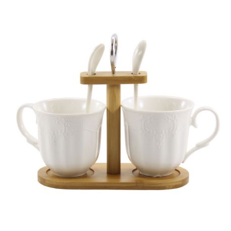 Набор кружек фарфоровый 5 пр. на бамбуковой стойке  PJ03391