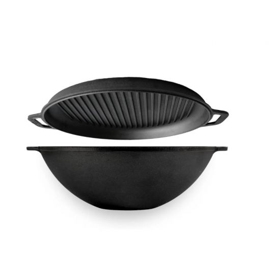 Казан чавунний WOK 8,0л чавунна кришка-сковорідка гриль Brizoll W36-3