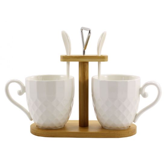 PJ03395 Набор чашек 2*300мл с ложками на дерев. подставке