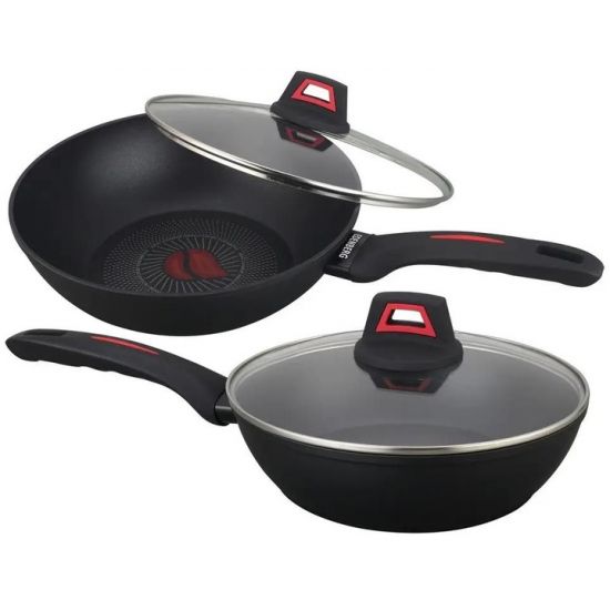 Сковорода WOK 28см антипригарное покрытие стеклянная крышка термоиндикатор EB-13098