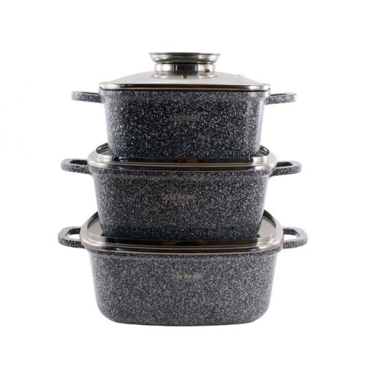 1220/22/24-SN Набор кастрюль квадратных 3-пр. 2,7л 3,5л 4,4л антипр.покрытие скл.крышка инд. Мрамор