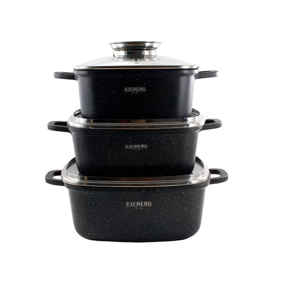 1220/22/24-BL Набор кастрюль квадратных 3-пр. 2,7л 3,5л 4,4л антипр.покрытие скл.крышка инд. Мрамор