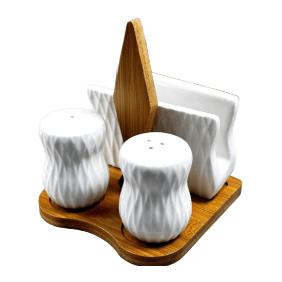 PJ03806 Набір для спецій на дерев. підставці сіль, перець, серветниця