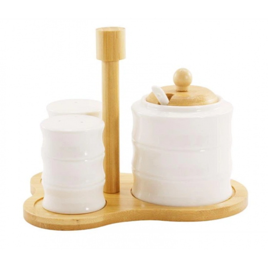 PJ03753 Набір для спецій на дерев. підставці сіль, перець, цукорниця